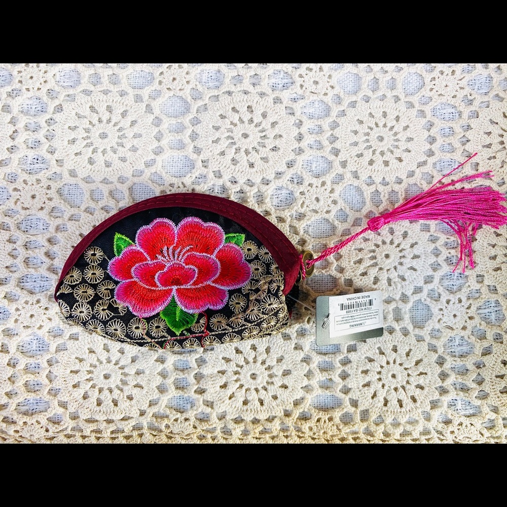 Black Floral Coin Purse with Red/Pink Flower